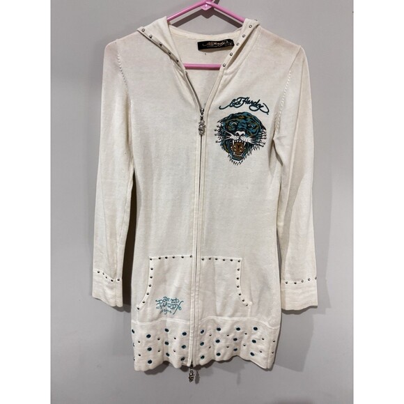 Ed Hardy Tops - Ed Hardy by Christian Audigier White Women’s Zipped Hoodie Dress Tiger